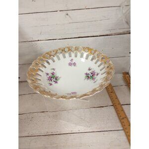 Vintage Lattice Edge Decorative Bowl Violet Design Cottagecore Shabby Chic